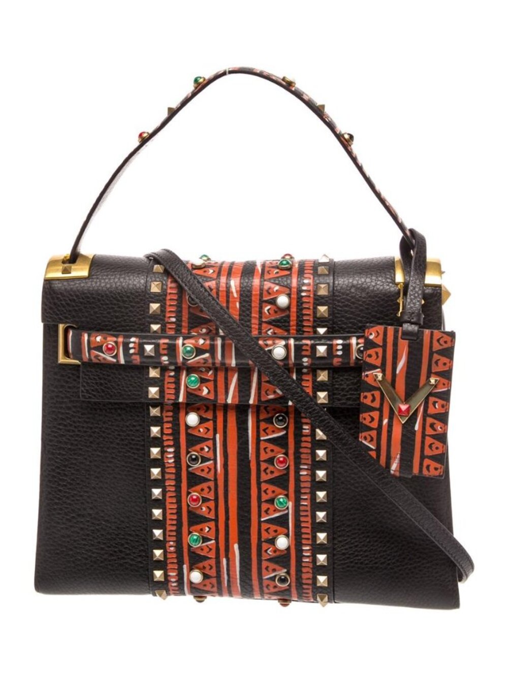 NEW - Valentino Rockstud Printed Brown Leather Top Handle Shoulderβ Bag Studded
